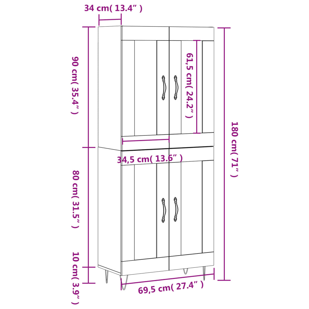 vidaXL füstös tölgy színű szerelt fa magasszekrény 69,5 x 34 x 180 cm