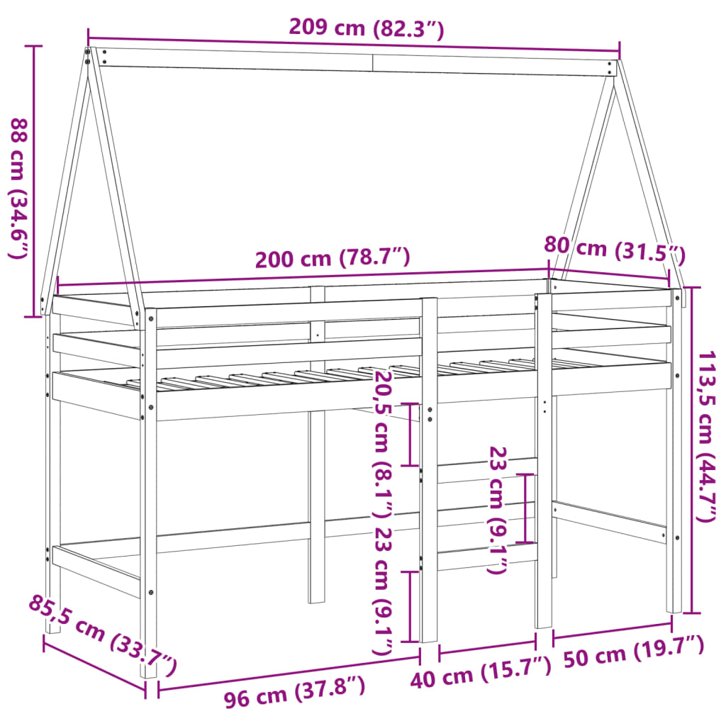 vidaXL fehér tömör fenyőfa galériaágy létrával és tetővel 80 x 200 cm