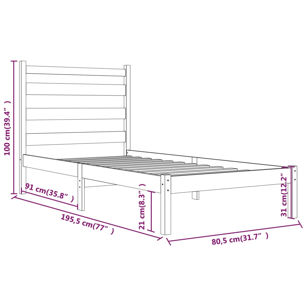 vidaXL Small Single fekete tömör fenyőfa ágykeret 75 x 190 cm