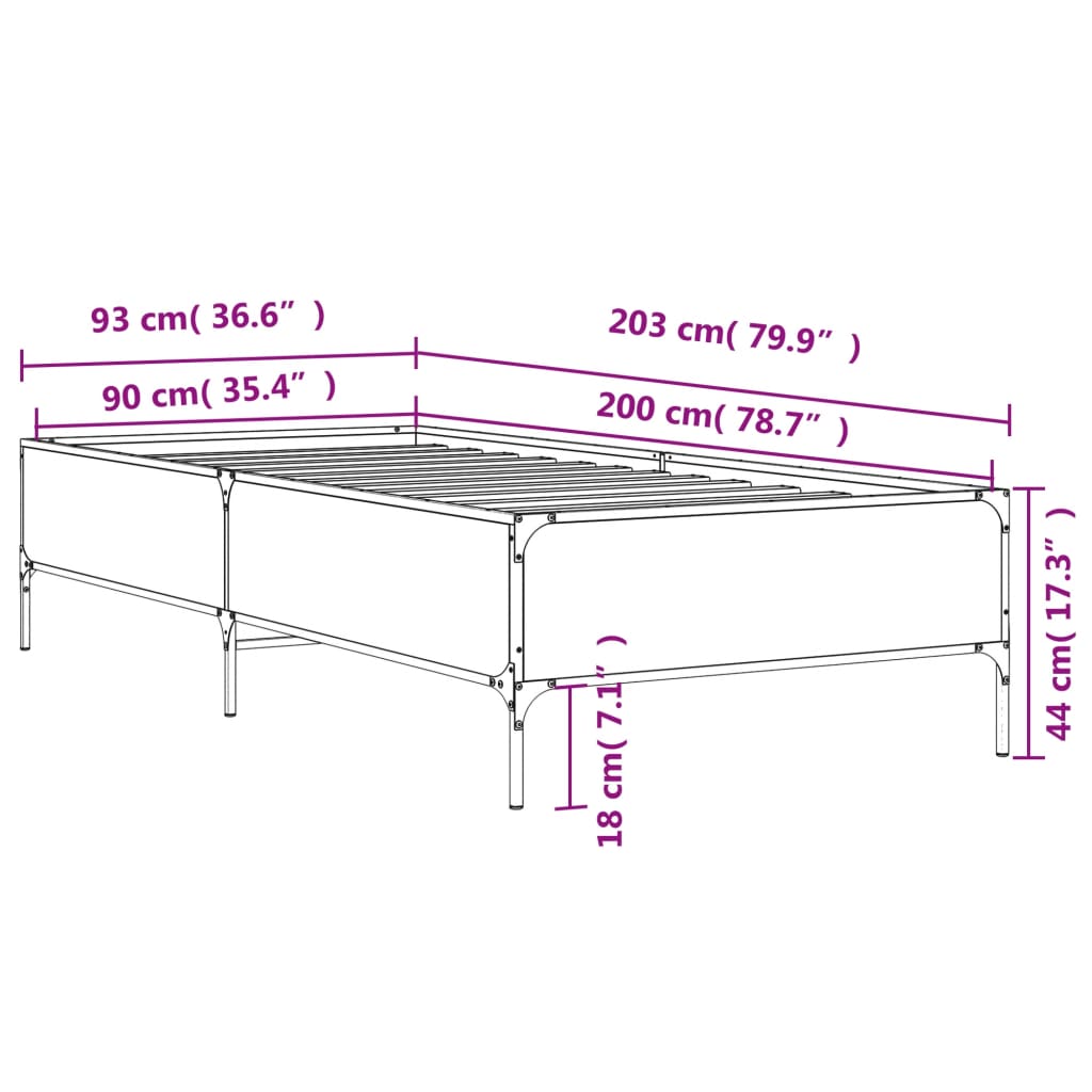 vidaXL sonoma tölgyszínű szerelt fa és fém ágykeret 90 x 200 cm