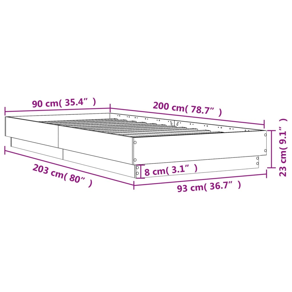 vidaXL barna tölgy színű ágykeret LED-világítással 90 x 200 cm