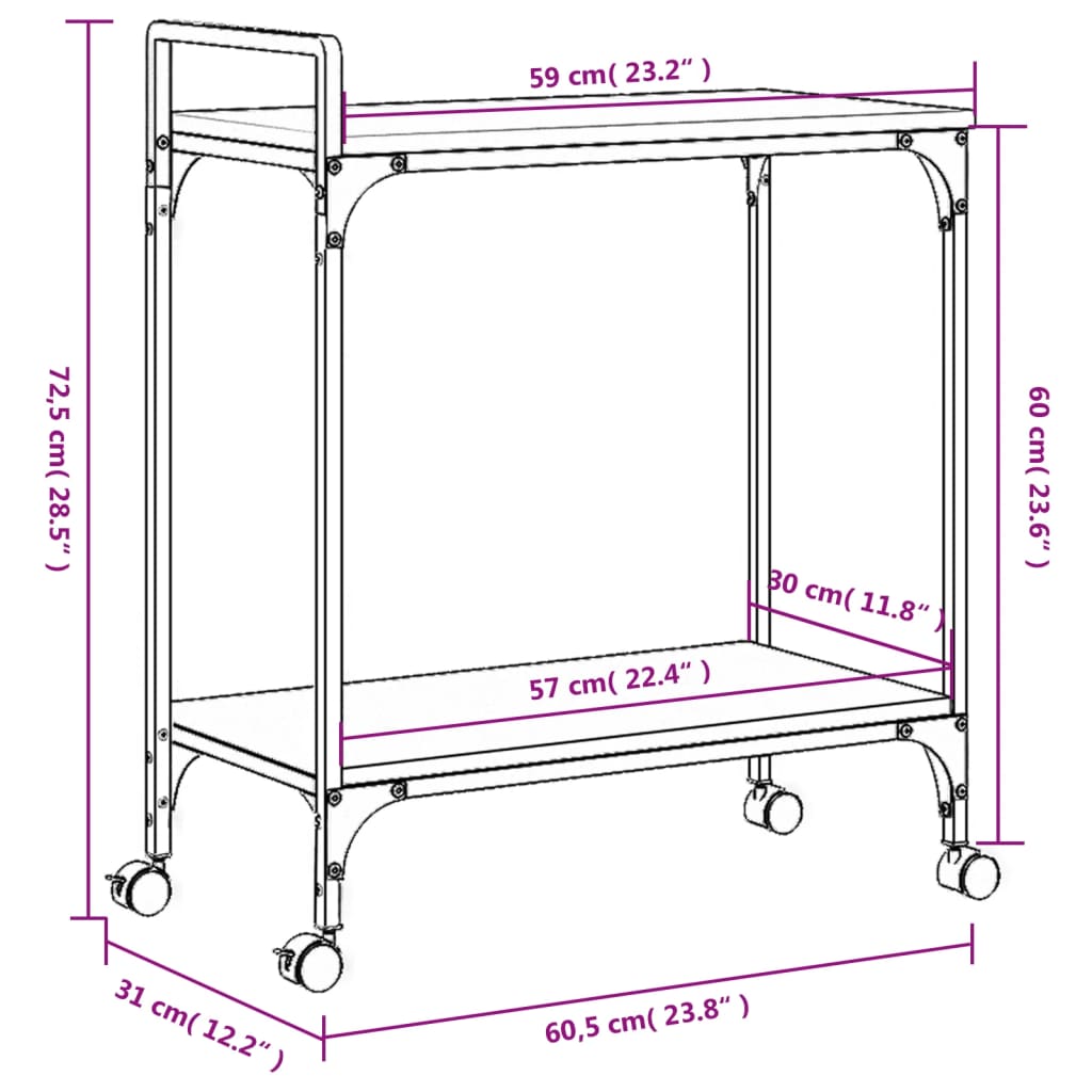 vidaXL füstös tölgy színű szerelt fa zsúrkocsi 60,5 x 31 x 72,5 cm