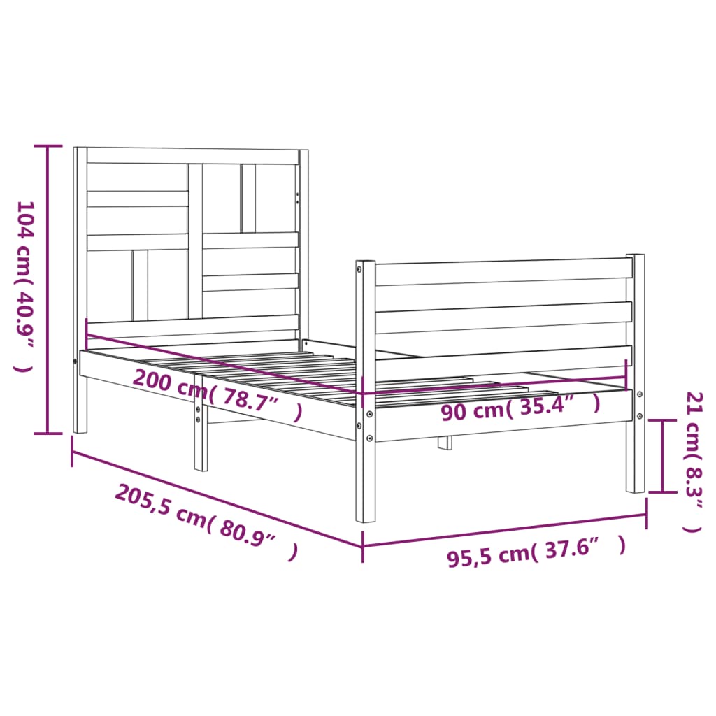 vidaXL tömör fa ágykeret fejtámlával 90 x 200 cm