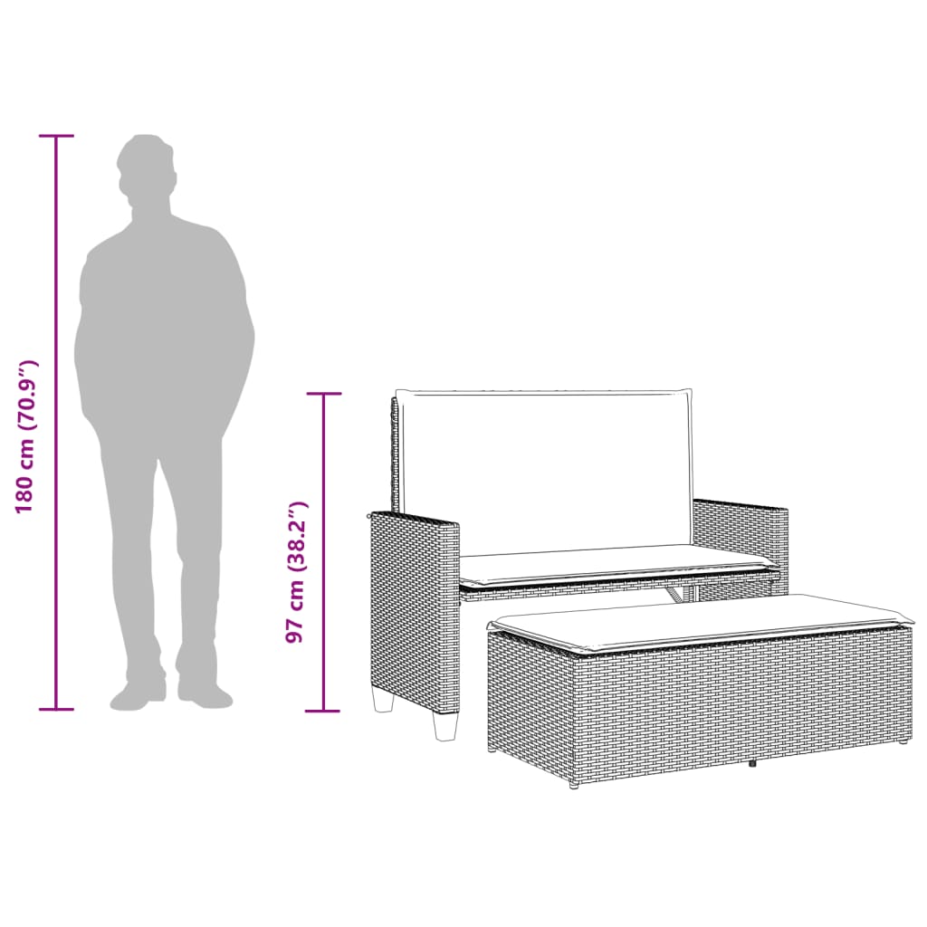 vidaXL barna polyrattan kerti pad párnákkal és lábtartóval