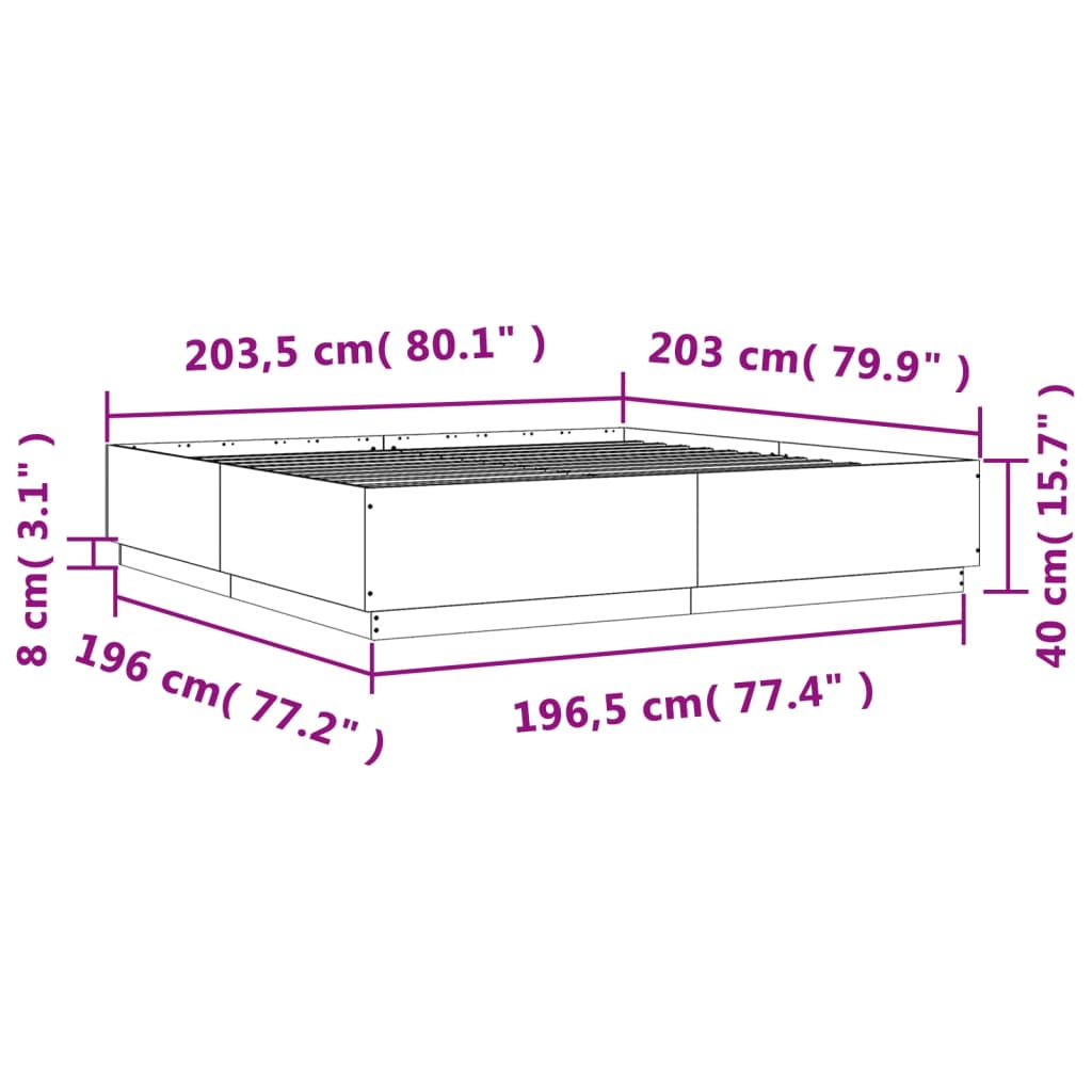 vidaXL sonoma tölgy színű szerelt fa ágykeret LED-del 200 x 200 cm