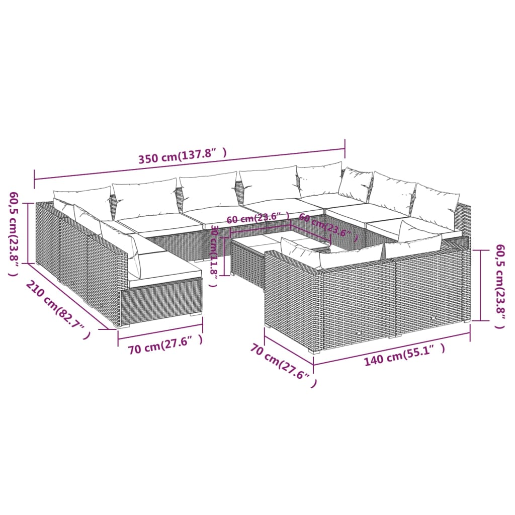 vidaXL 12 részes fekete polyrattan kerti ülőgarnitúra párnákkal