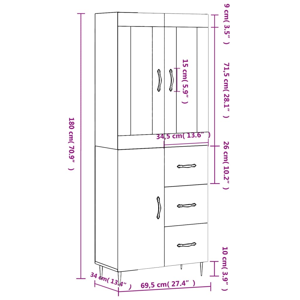 vidaXL szürke sonoma szerelt fa magasszekrény 69,5 x 34 x 180 cm