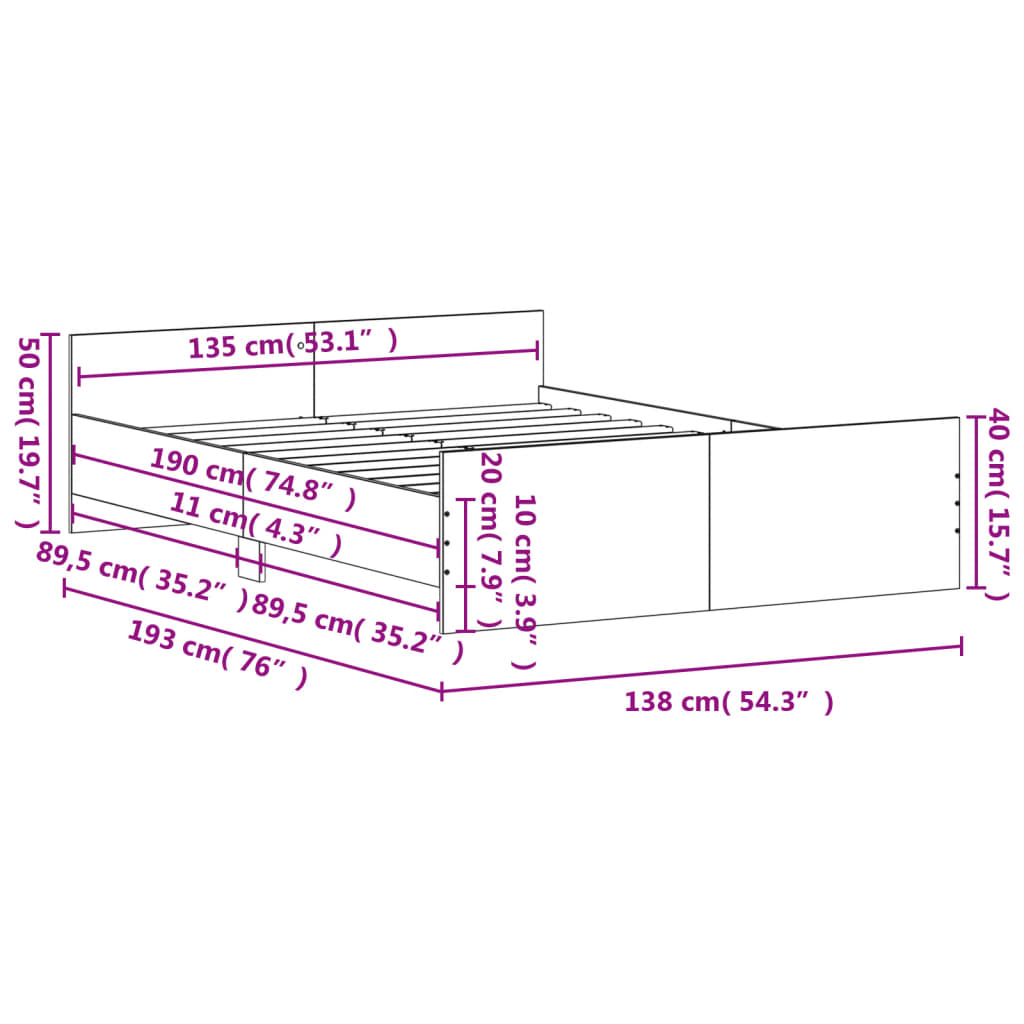 vidaXL füstös tölgy színű ágykeret fej- és lábtámlával 135 x 190 cm