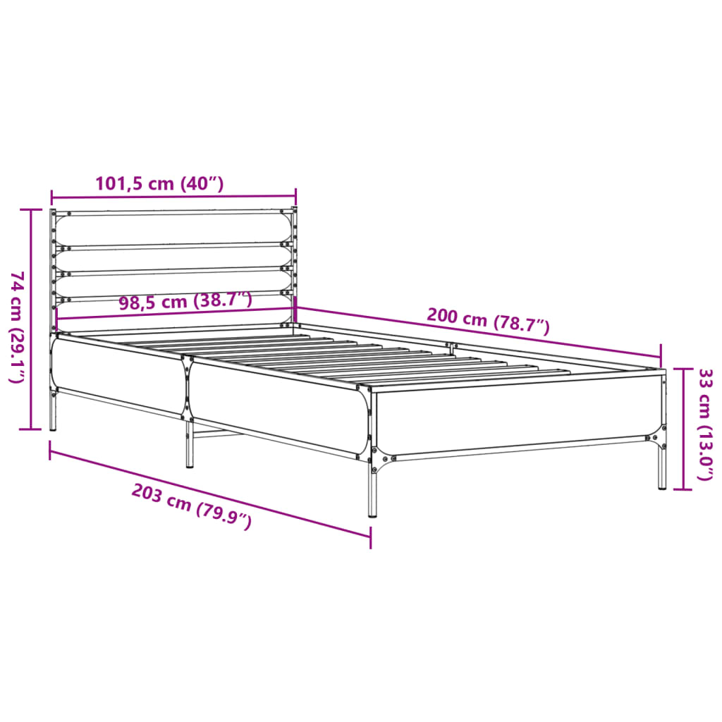 vidaXL füstös tölgyszínű szerelt fa és fém ágykeret 100 x 200 cm