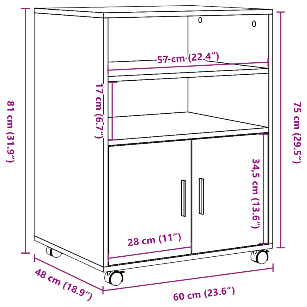 vidaXL antik fa színű szerelt fa kerekes szekrény 60 x 48 x 81 cm