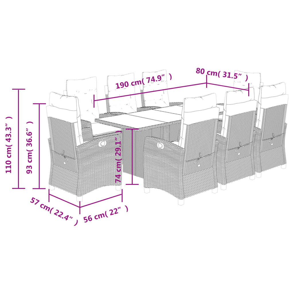 vidaXL 9 részes barna polyrattan kerti étkezőgarnitúra párnákkal