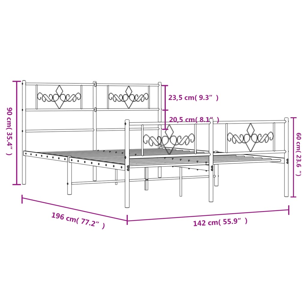 vidaXL fekete fém ágykeret fej- és lábtámlával 135 x 190 cm