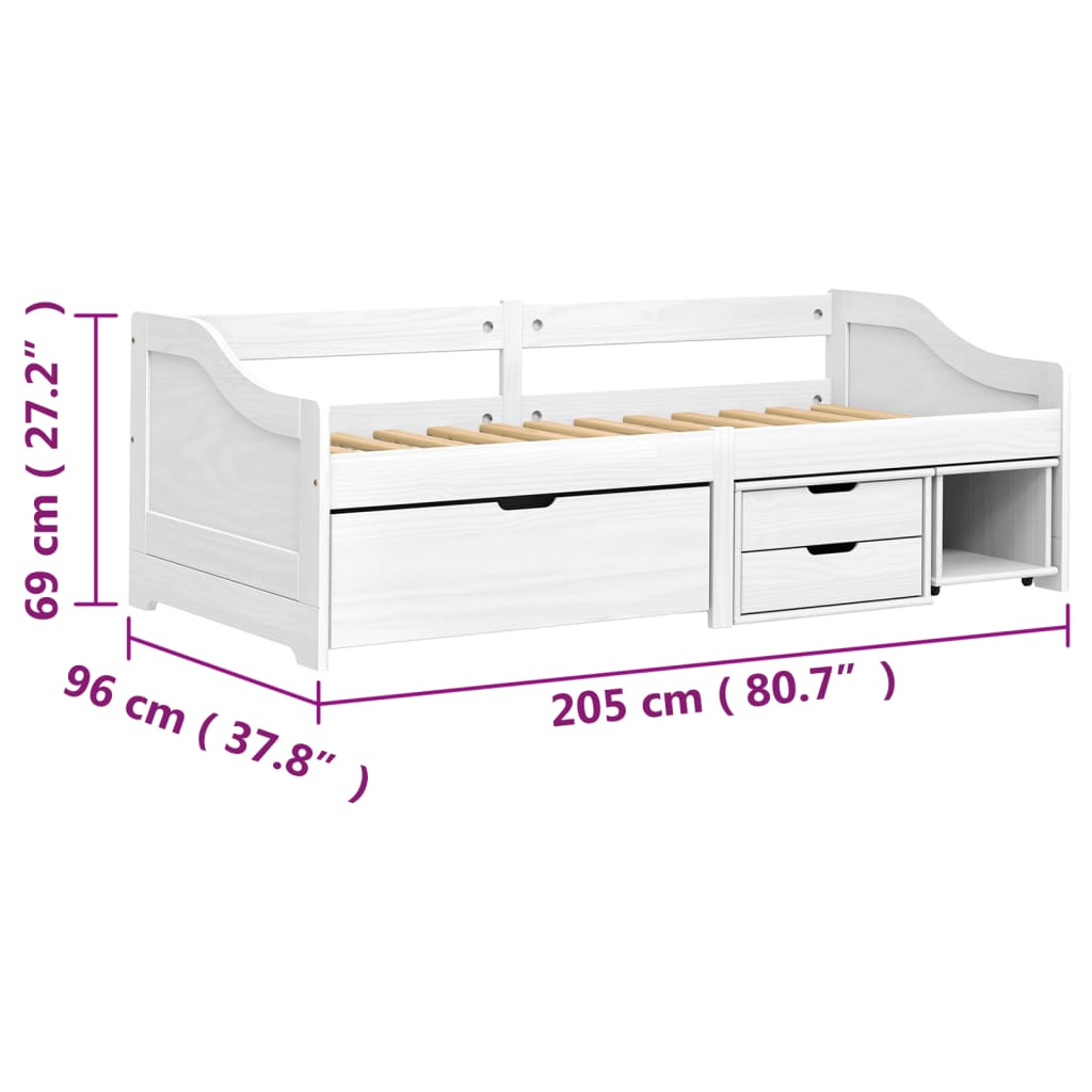 vidaXL IRUN fehér tömör fenyőfa kanapéágy 3 fiókkal 90 x 200 cm