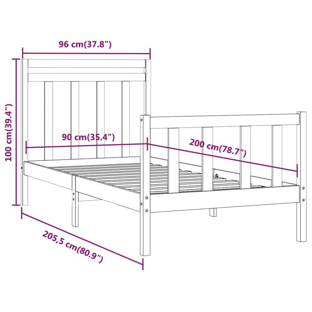 vidaXL fekete tömör fa ágykeret 90 x 200 cm