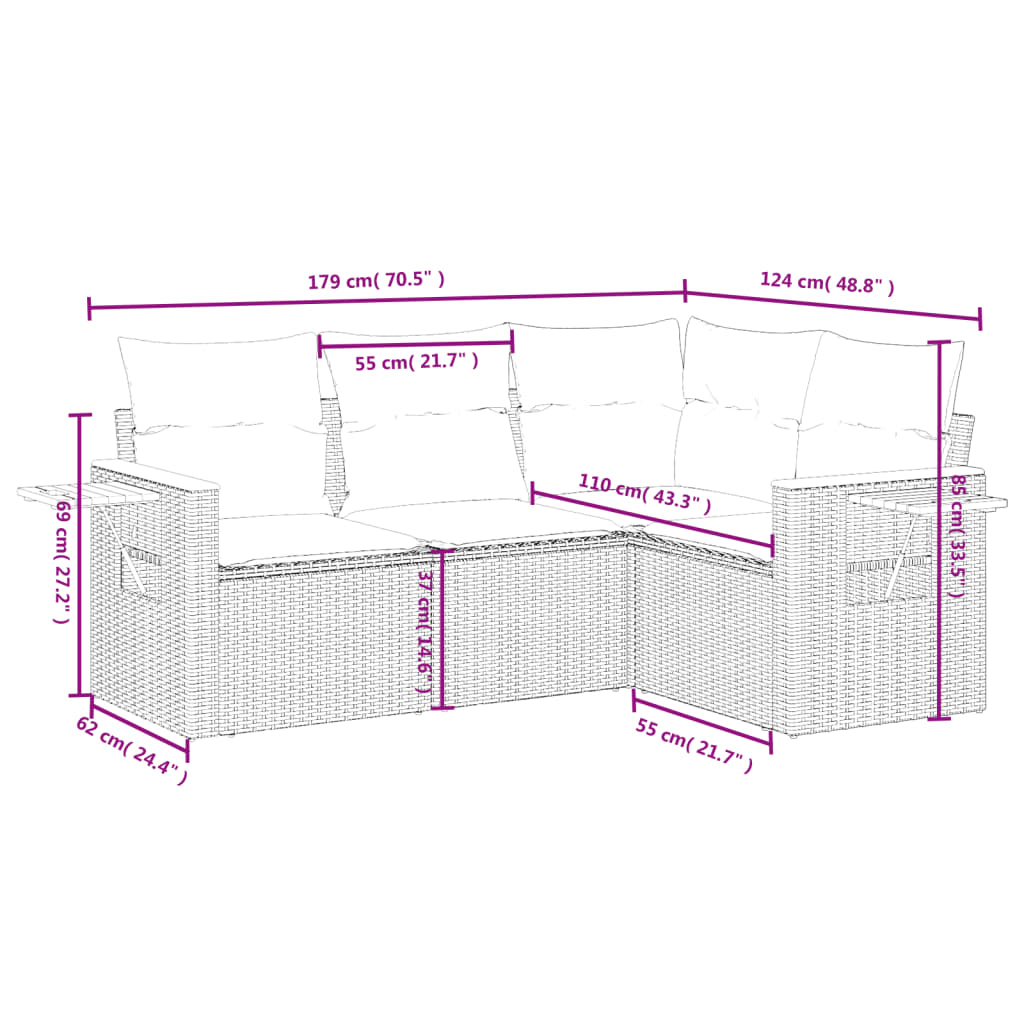 vidaXL 4 részes fekete polyrattan kerti ülőgarnitúra párnákkal