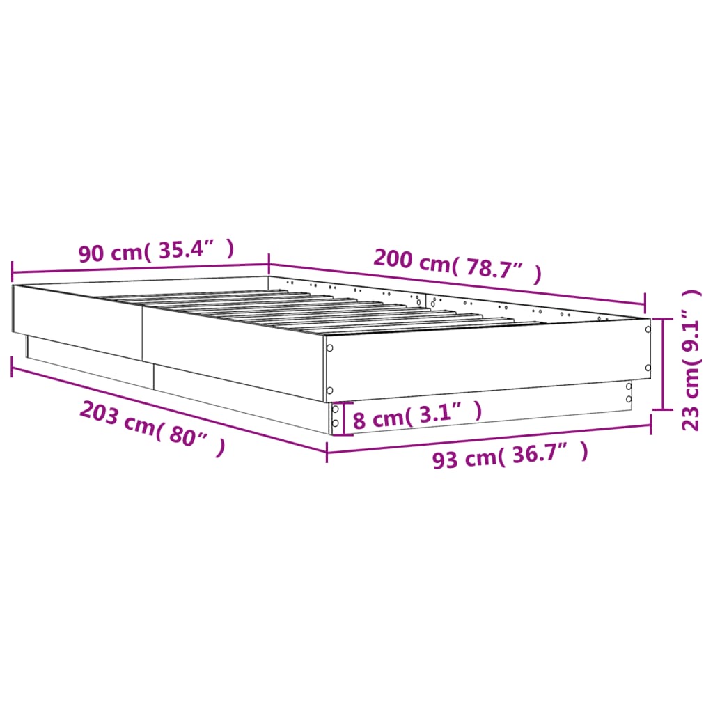 vidaXL betonszürke ágykeret LED-világítással 90x200 cm