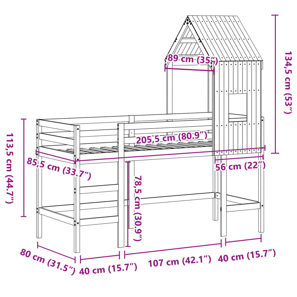 vidaXL tömör fenyőfa galériaágy létrával és tetővel 80 x 200 cm