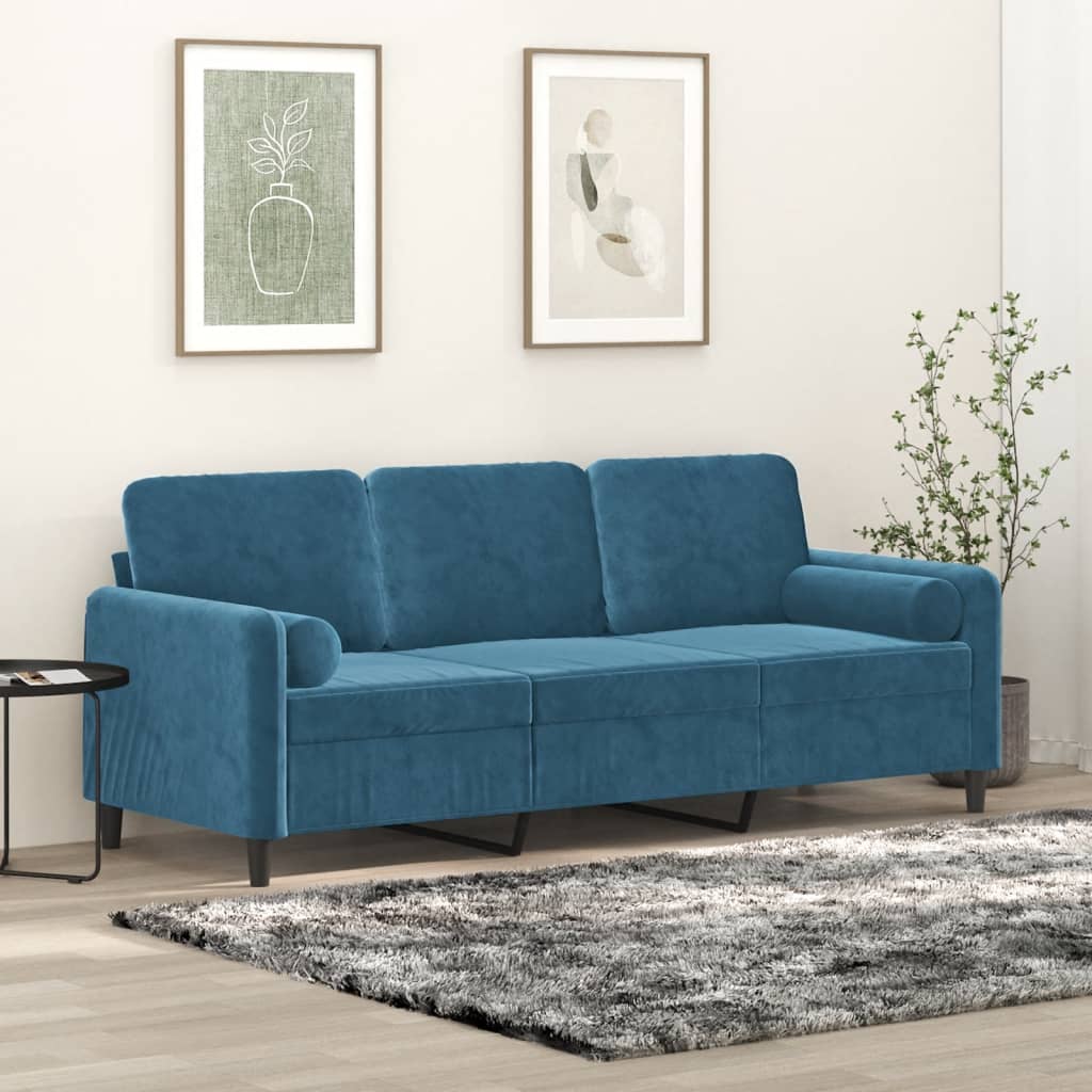 vidaXL 3 személyes kék bársony kanapé díszpárnákkal 180 cm