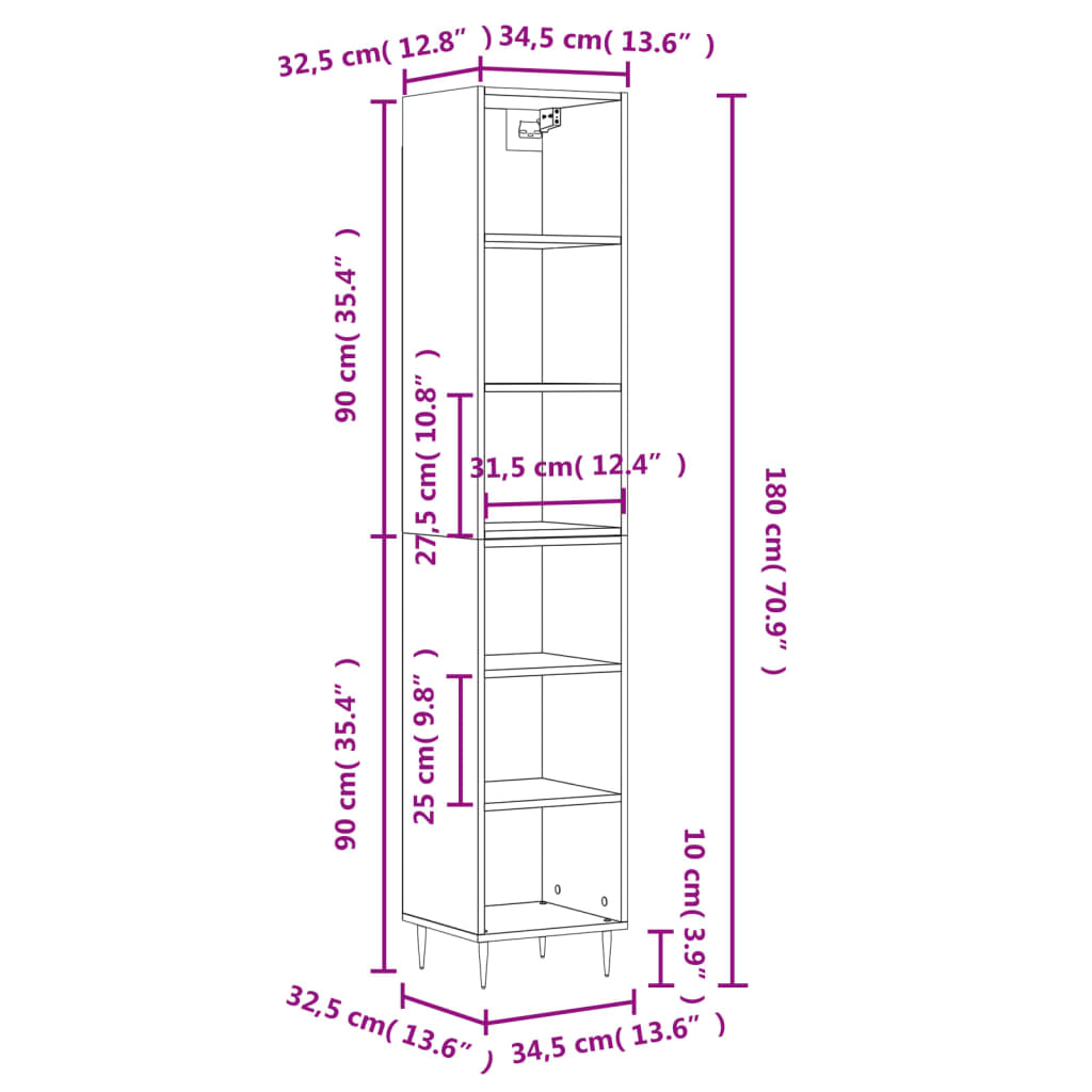 vidaXL sonoma tölgy szerelt fa magasszekrény 34,5x32,5x180 cm