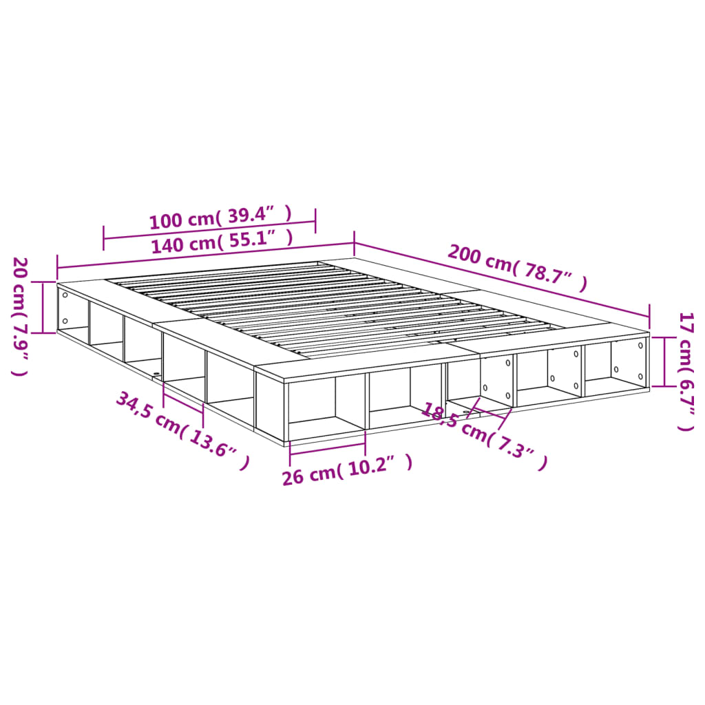 vidaXL füstös tölgy színű szerelt fa ágykeret 140 x 200 cm