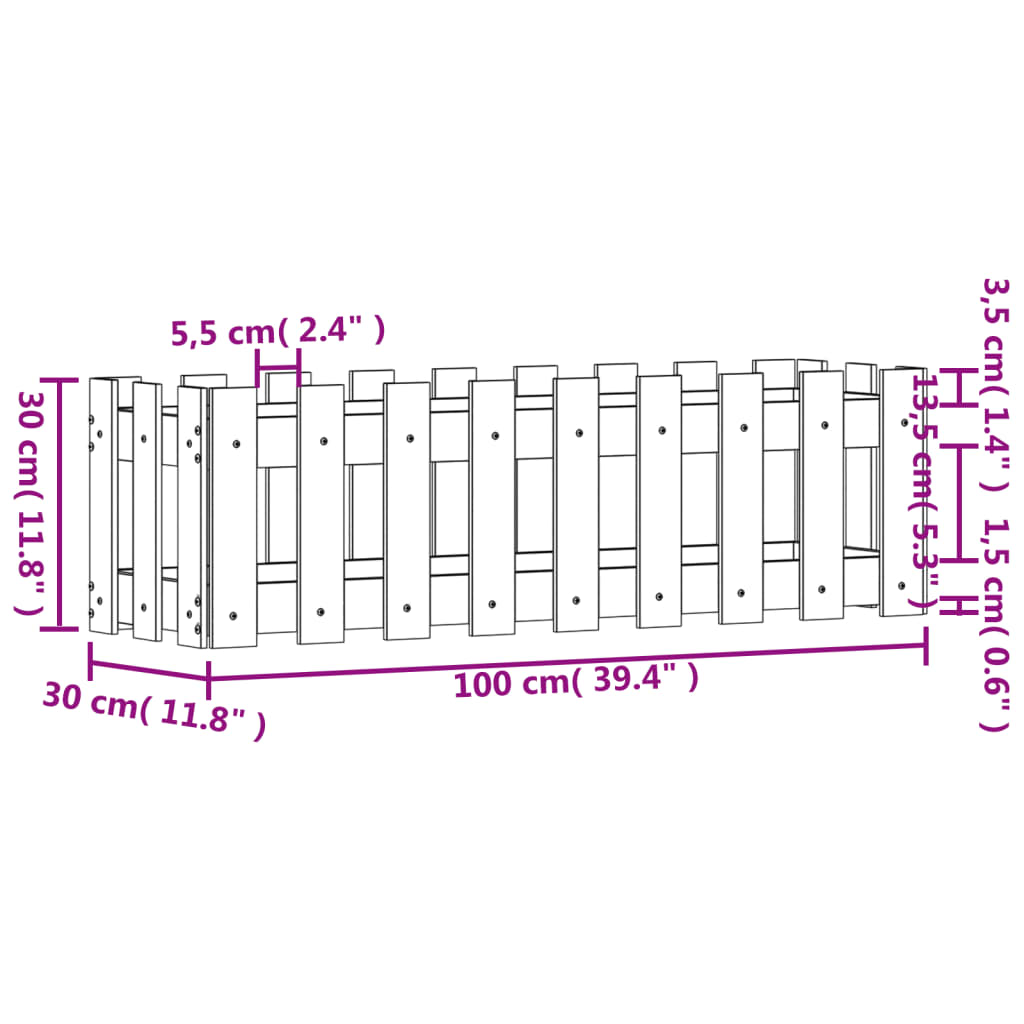 vidaXL fehér tömör fenyőfa kerti magaságyás kerítéssel 100x30x30 cm