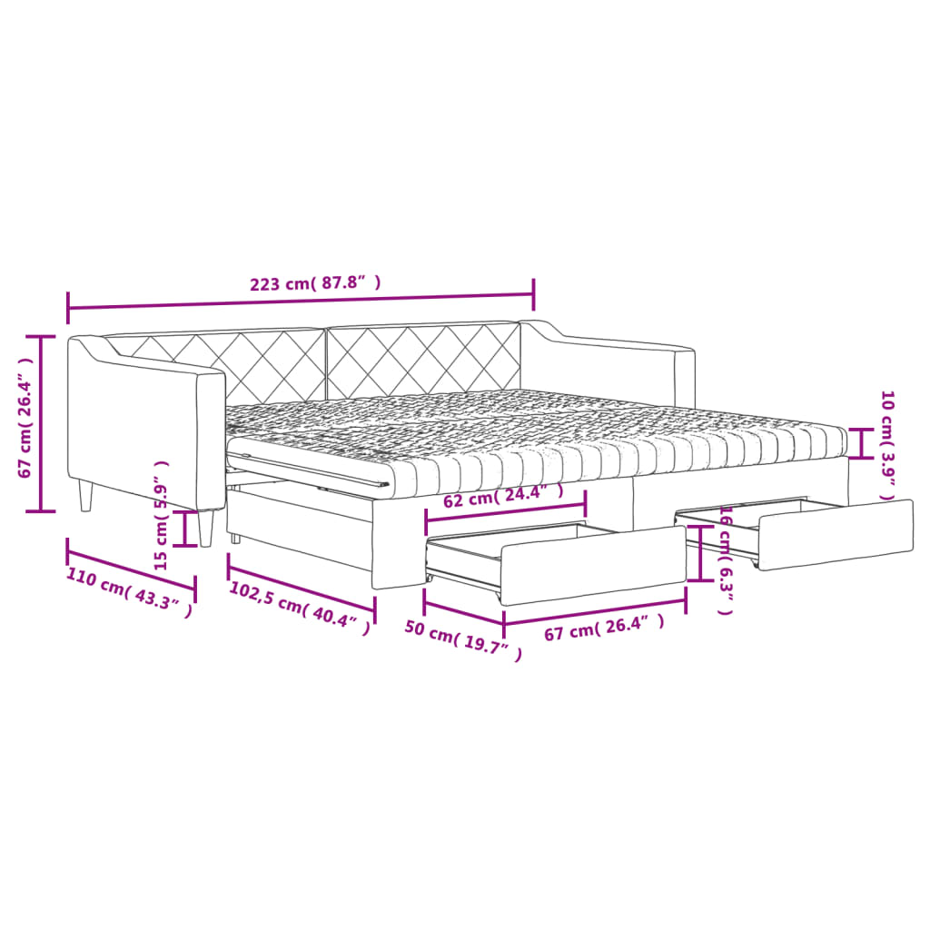 vidaXL világosszürke kihúzható szövet heverő fiókokkal 100 x 200 cm