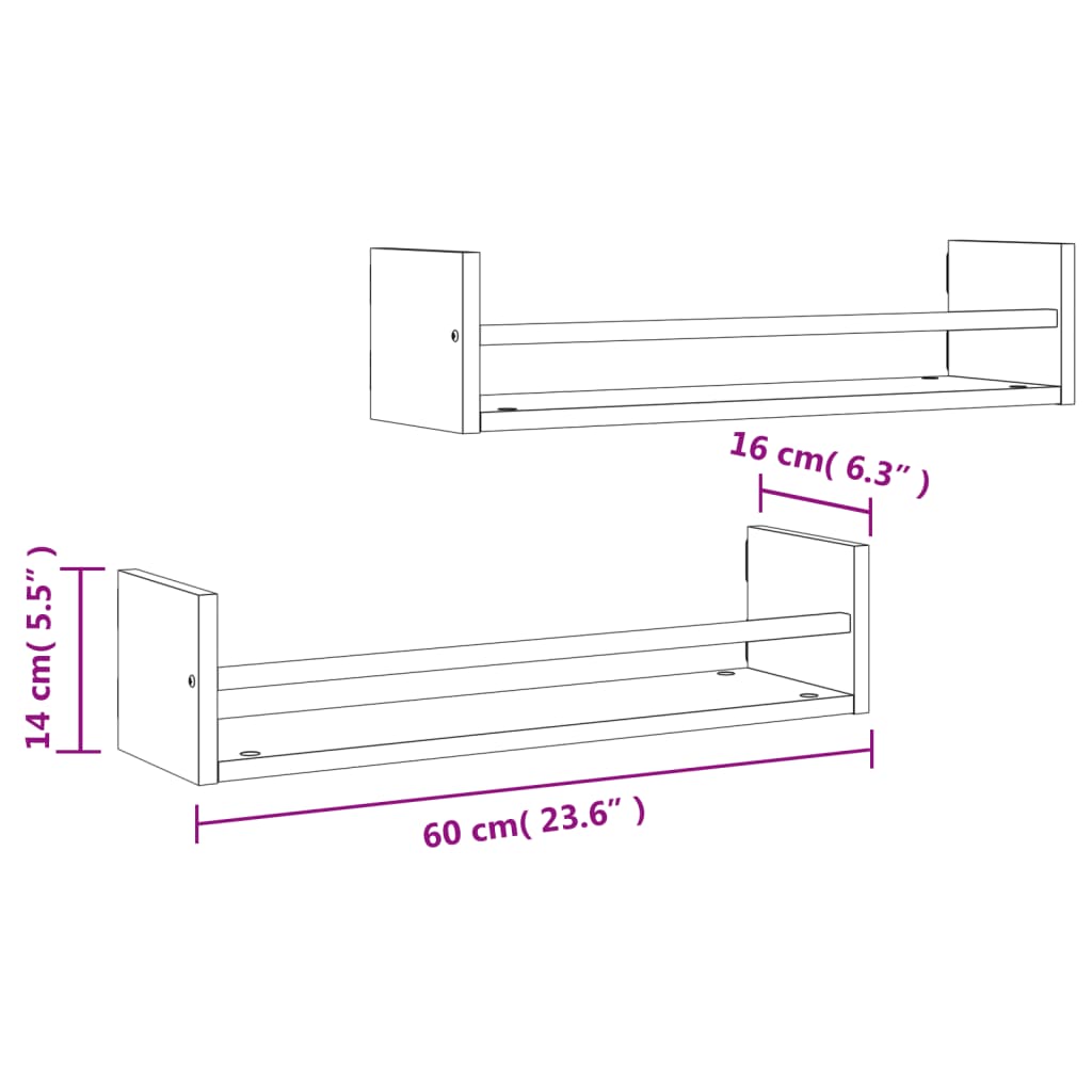 vidaXL 2 db barna tölgyszínű fali polc rúddal 60 x 16 x 14 cm