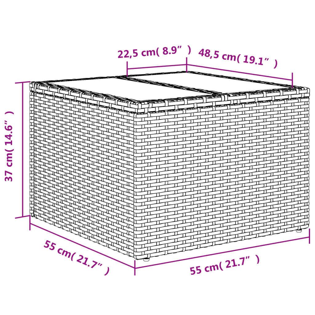 vidaXL fekete polyrattan üveglapos kerti asztal 55 x 55 x 37 cm