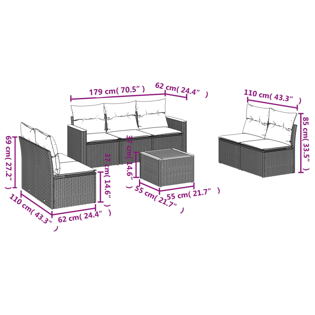 vidaXL 8 részes szürke polyrattan kerti ülőgarnitúra párnákkal