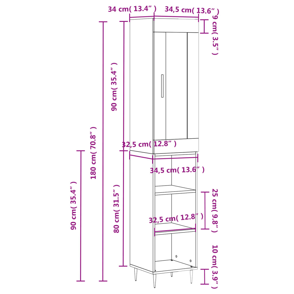 vidaXL fekete szerelt fa magasszekrény 34,5 x 34 x 180 cm