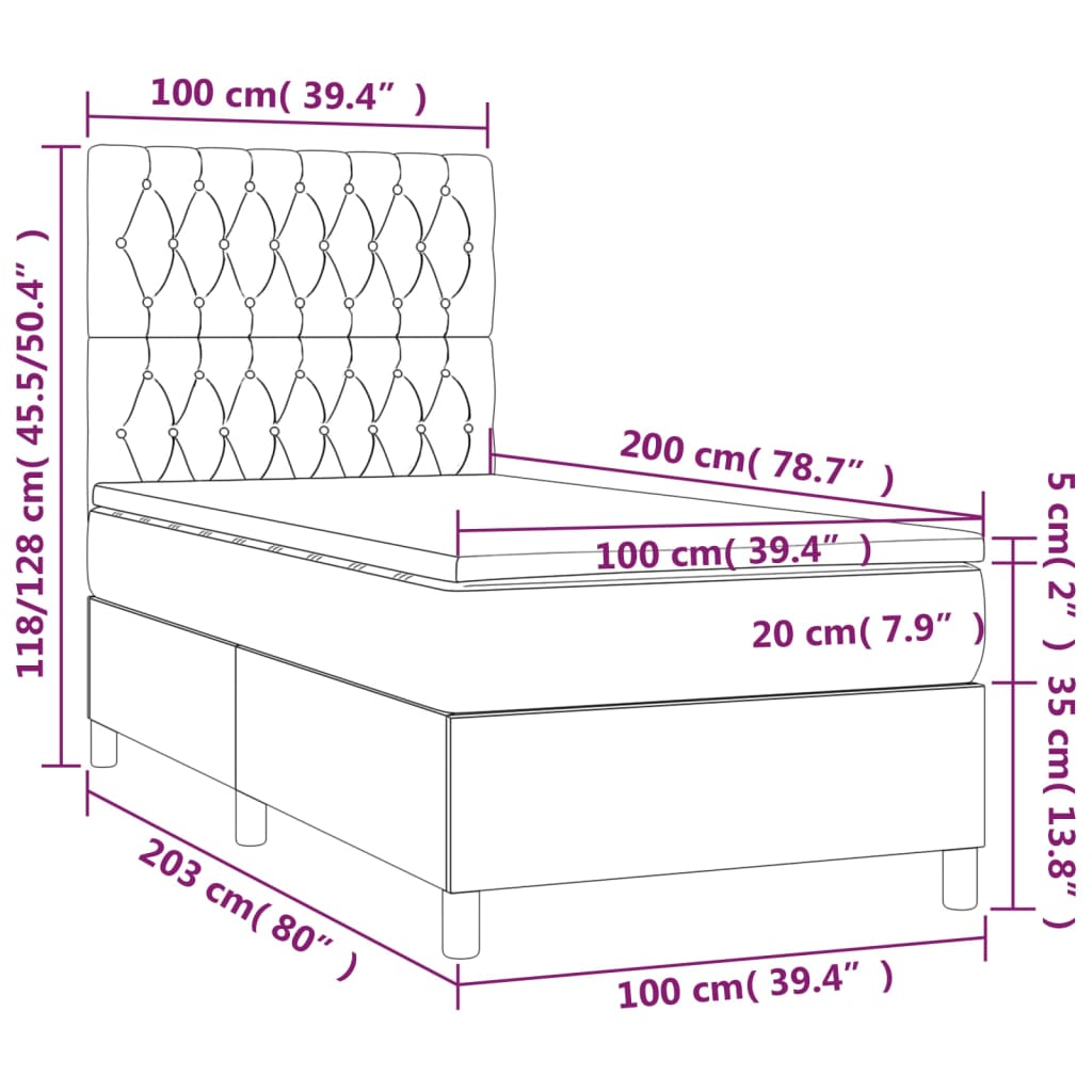 vidaXL világosszürke bársony rugós és LED-es ágy matraccal 100x200 cm