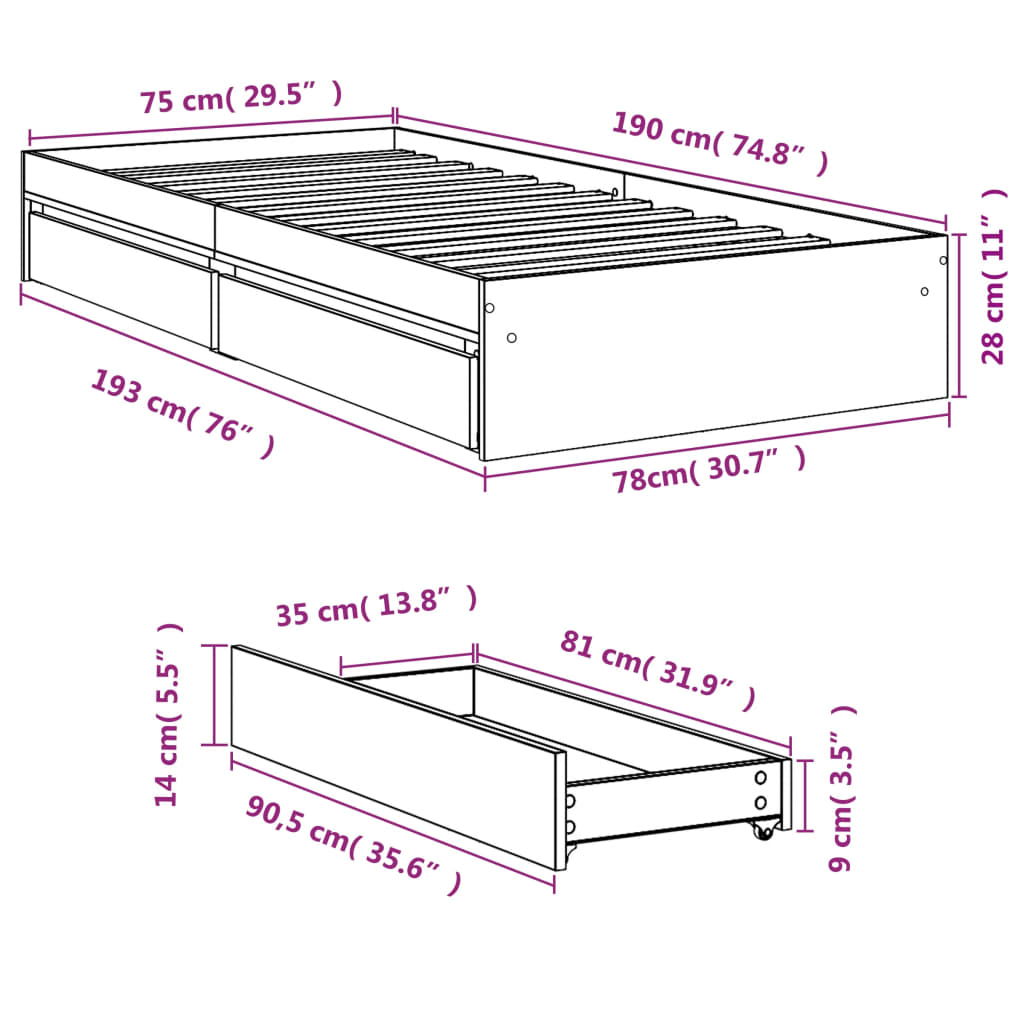 vidaXL szürke sonoma színű szerelt fa ágykeret fiókokkal 75x190 cm