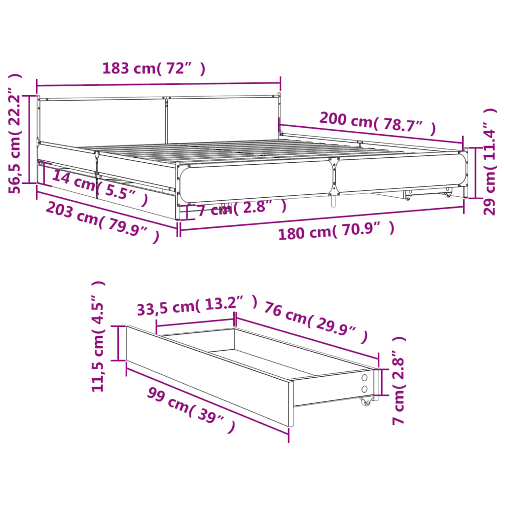 vidaXL fekete szerelt fa ágykeret fiókokkal 180 x 200 cm