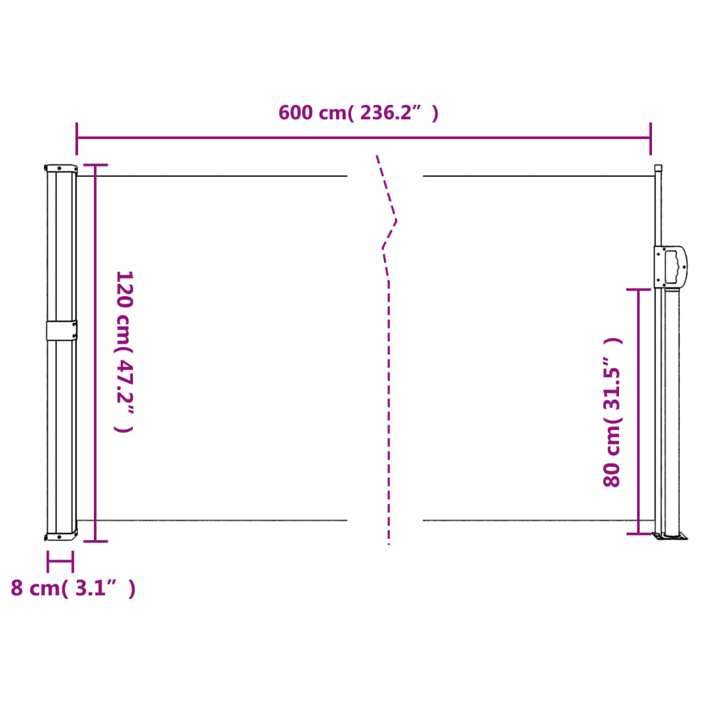 vidaXL krémszínű behúzható oldalsó napellenző 120 x 600 cm