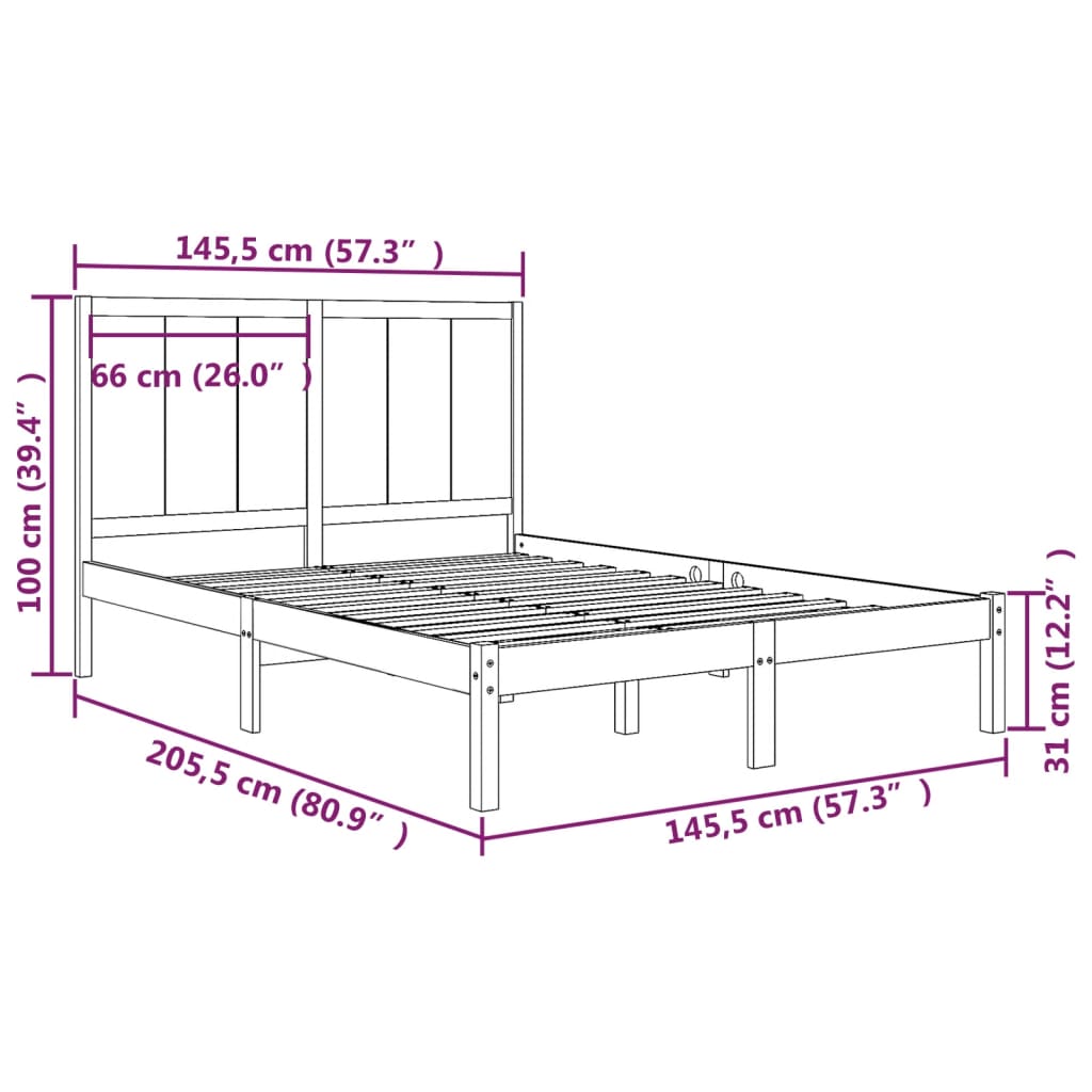 vidaXL fekete tömör fenyőfa ágykeret 140 x 190 cm