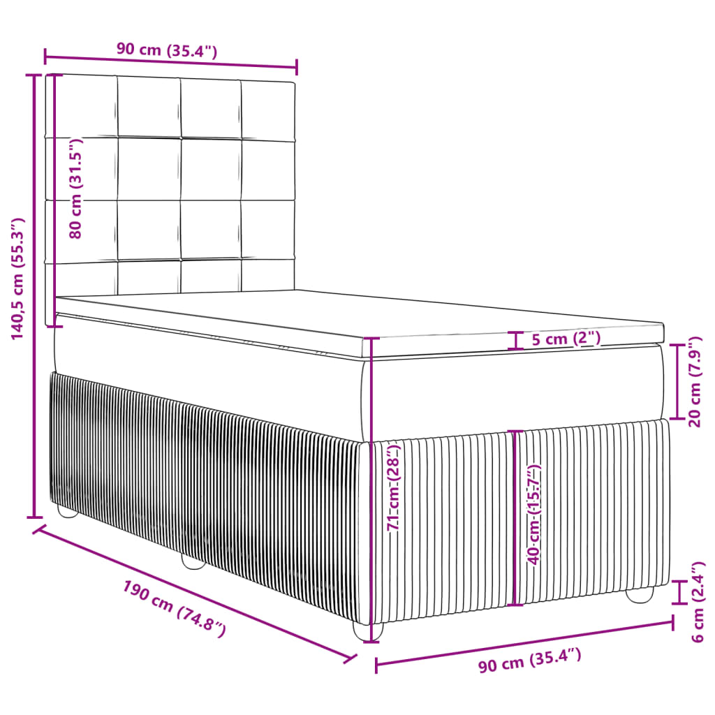 vidaXL fekete bársony rugós ágy matraccal 90x190 cm