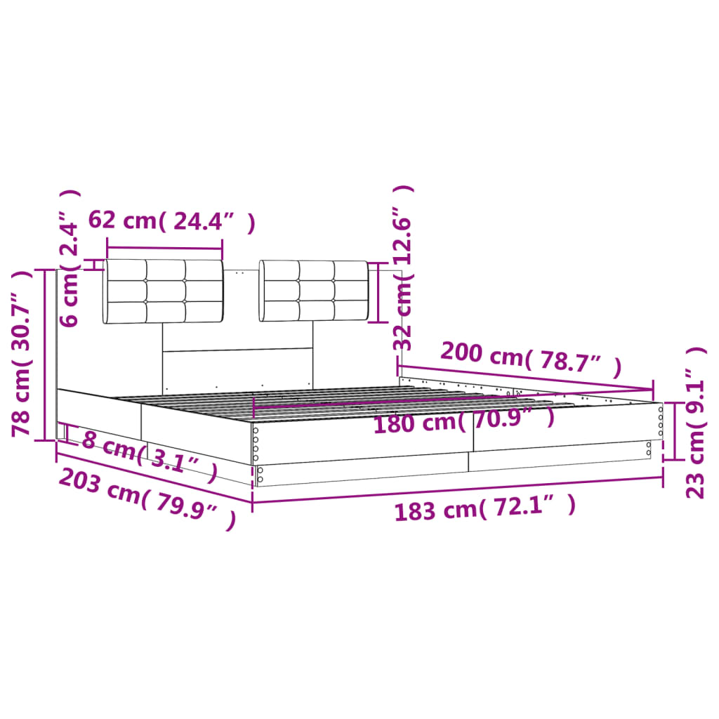 vidaXL szürke sonoma színű szerelt fa ágykeret fejtámlával 180x200 cm