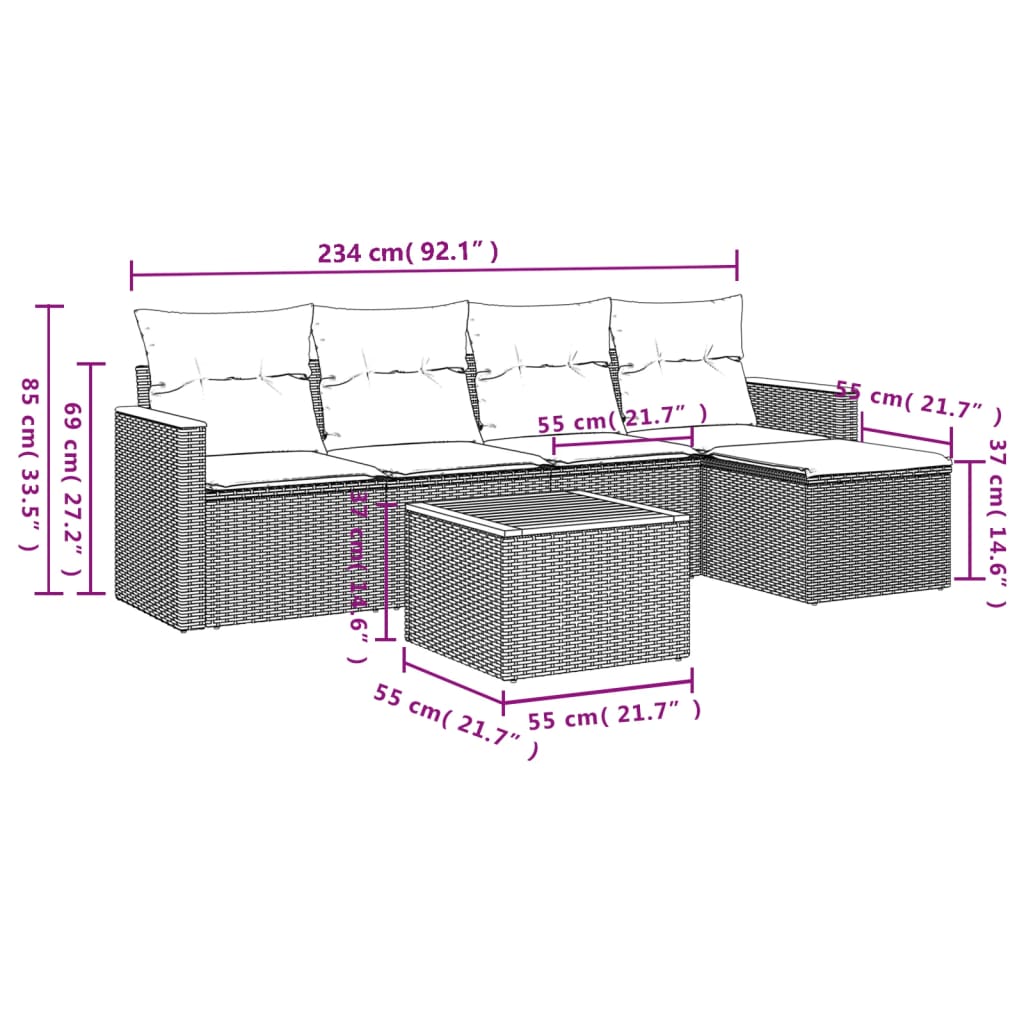 vidaXL 6 részes szürke polyrattan kerti ülőgarnitúra párnákkal