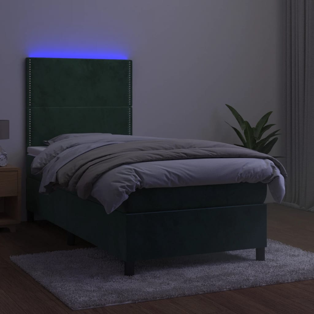 vidaXL sötétzöld bársony rugós és LED-es ágy matraccal 90x190 cm