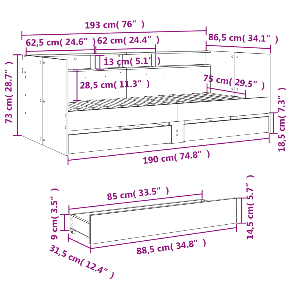 vidaXL fekete kanapéágy fiókkal matrac nélkül 75x190 cm