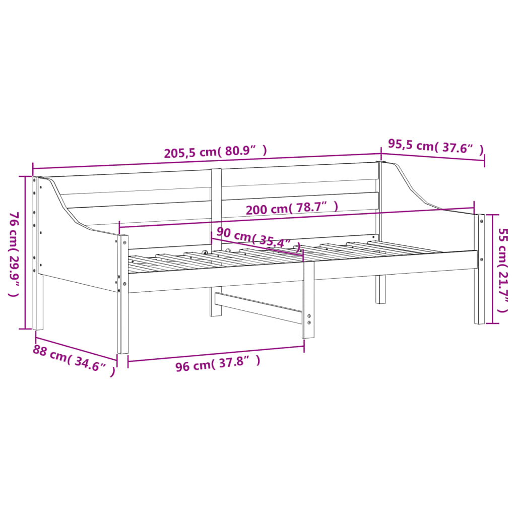 vidaXL fehér tömör fenyőfa kanapéágy matrac nélkül 90 x 200 cm