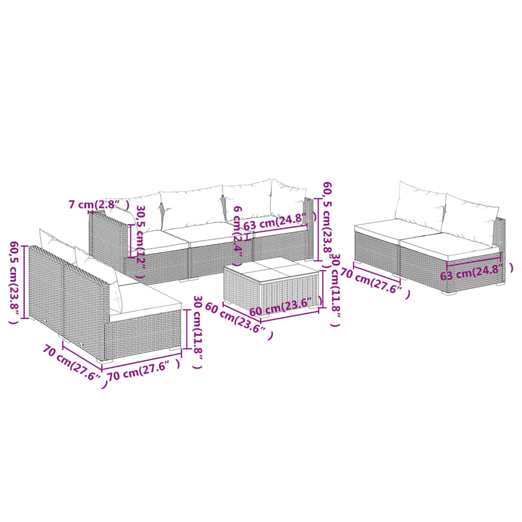 vidaXL 8 részes fekete polyrattan kerti ülőgarnitúra párnákkal