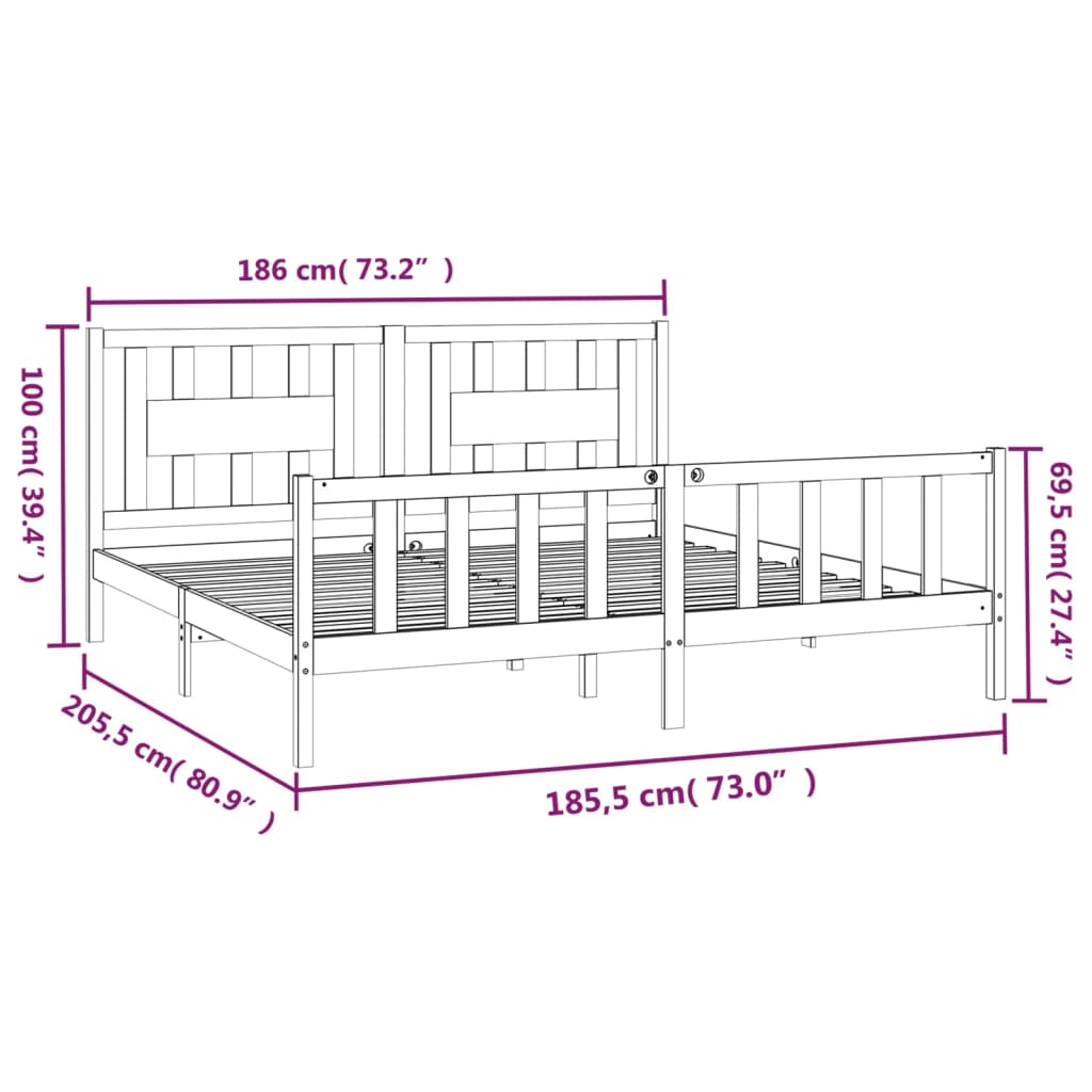 vidaXL fekete fenyőfa ágykeret fejtámlával 180x200 cm (Super King)