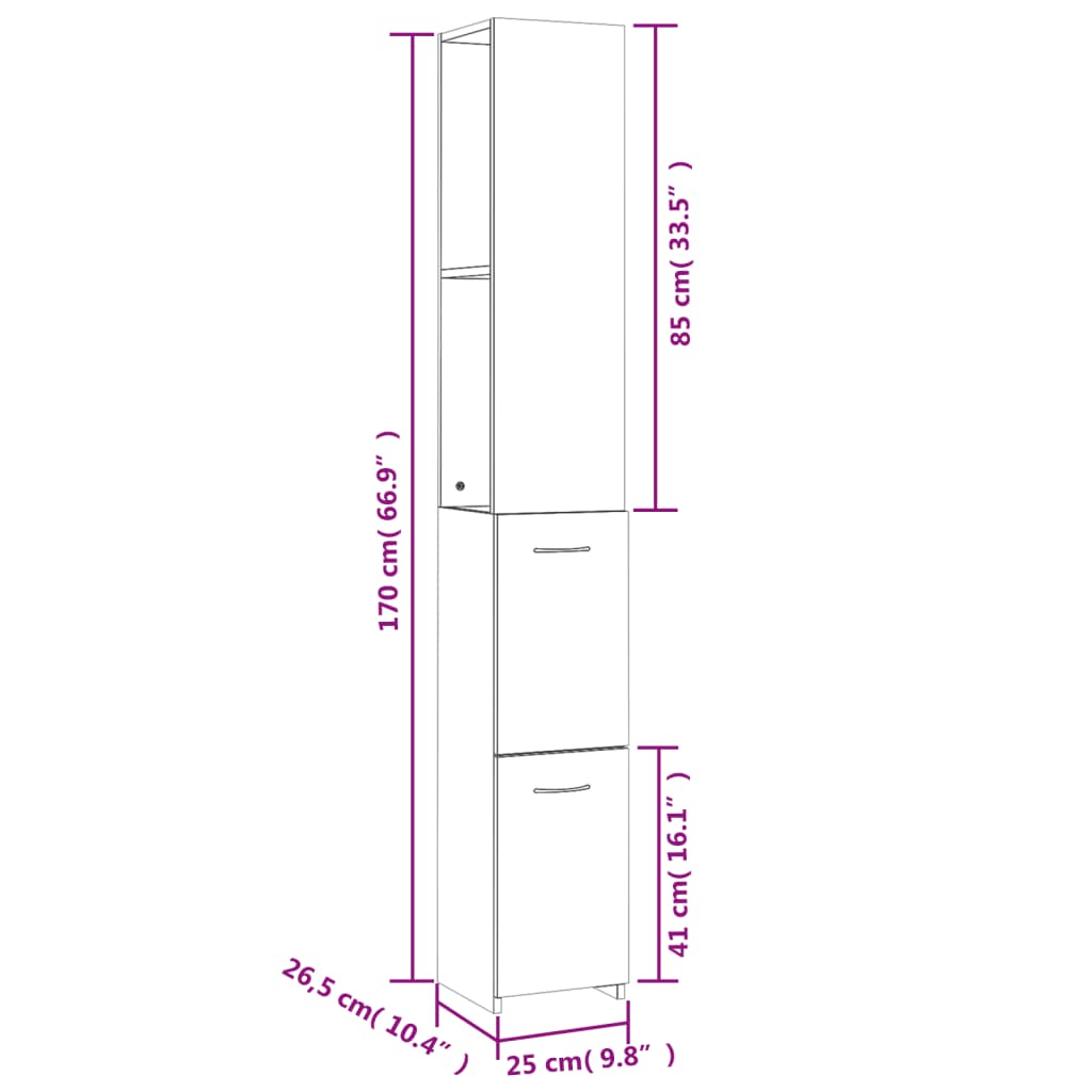 vidaXL füstös tölgy színű szerelt fa fürdőszobaszekrény 25x26,5x170 cm