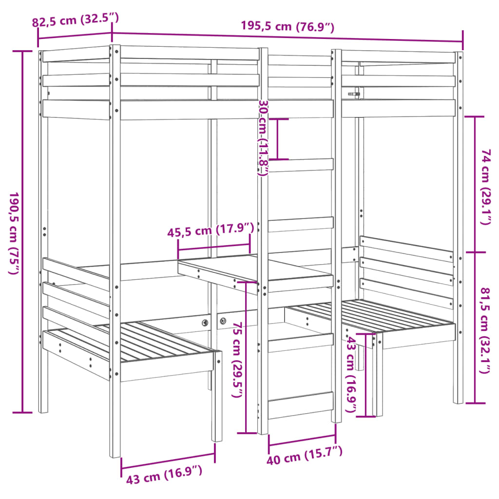 vidaXL tömör fenyő galériaágy-keret asztallal és székekkel 90 x 175 cm