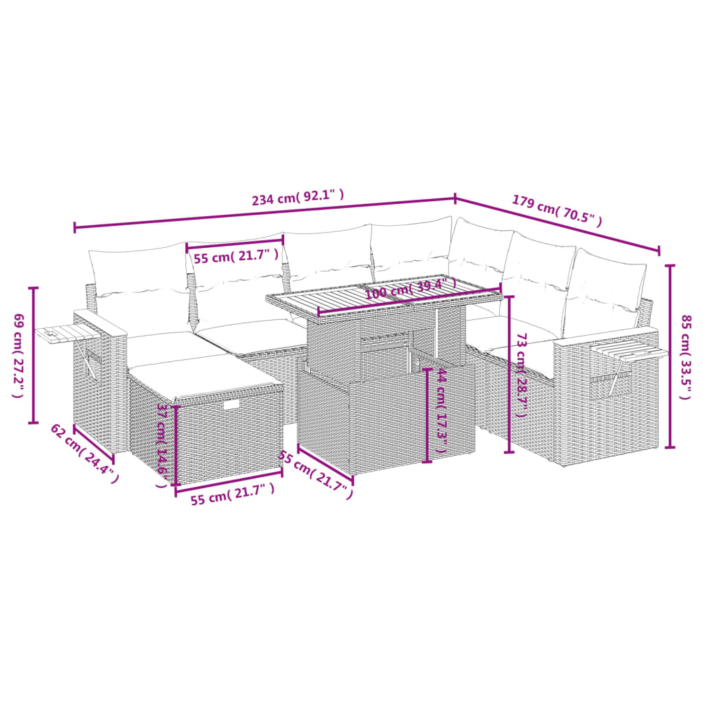 vidaXL 8 részes fekete polyrattan kerti ülőgarnitúra párnákkal