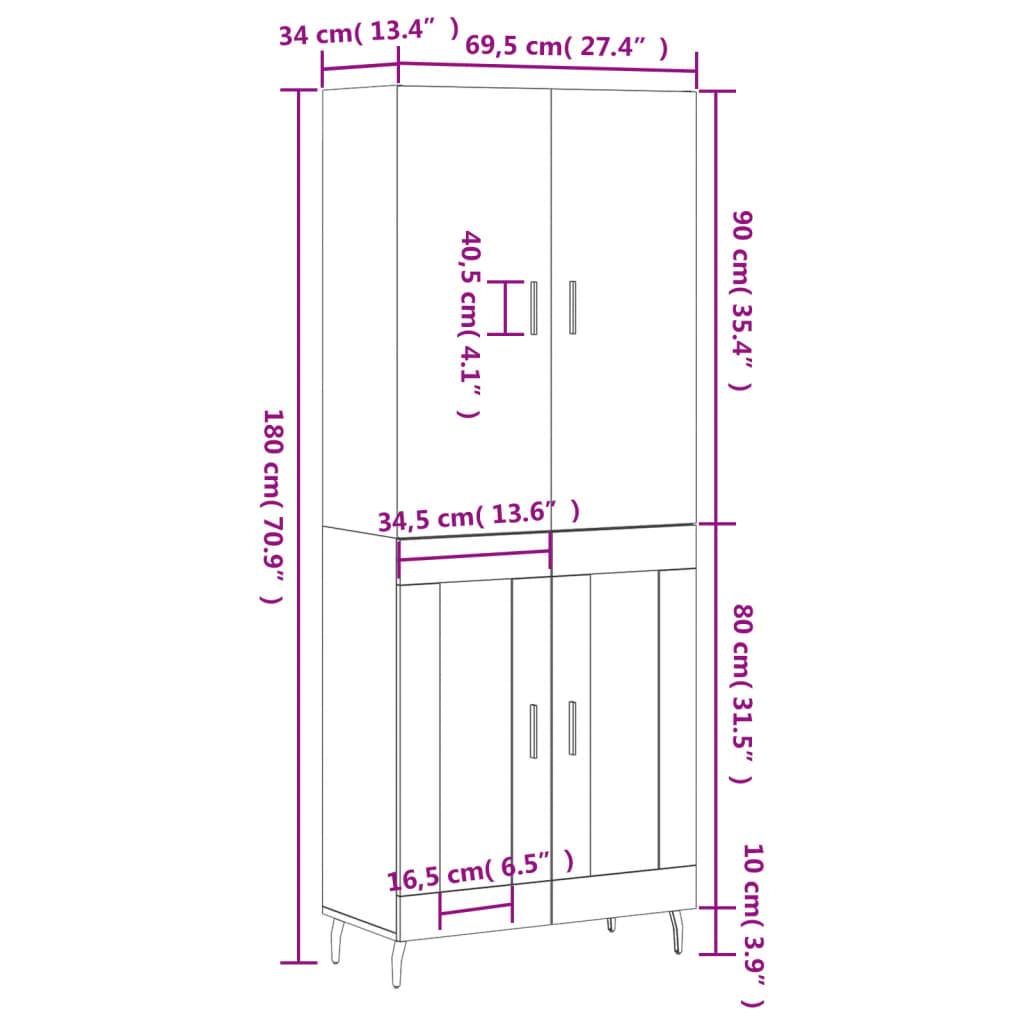 vidaXL barna tölgy színű szerelt fa magasszekrény 69,5 x 34 x 180 cm