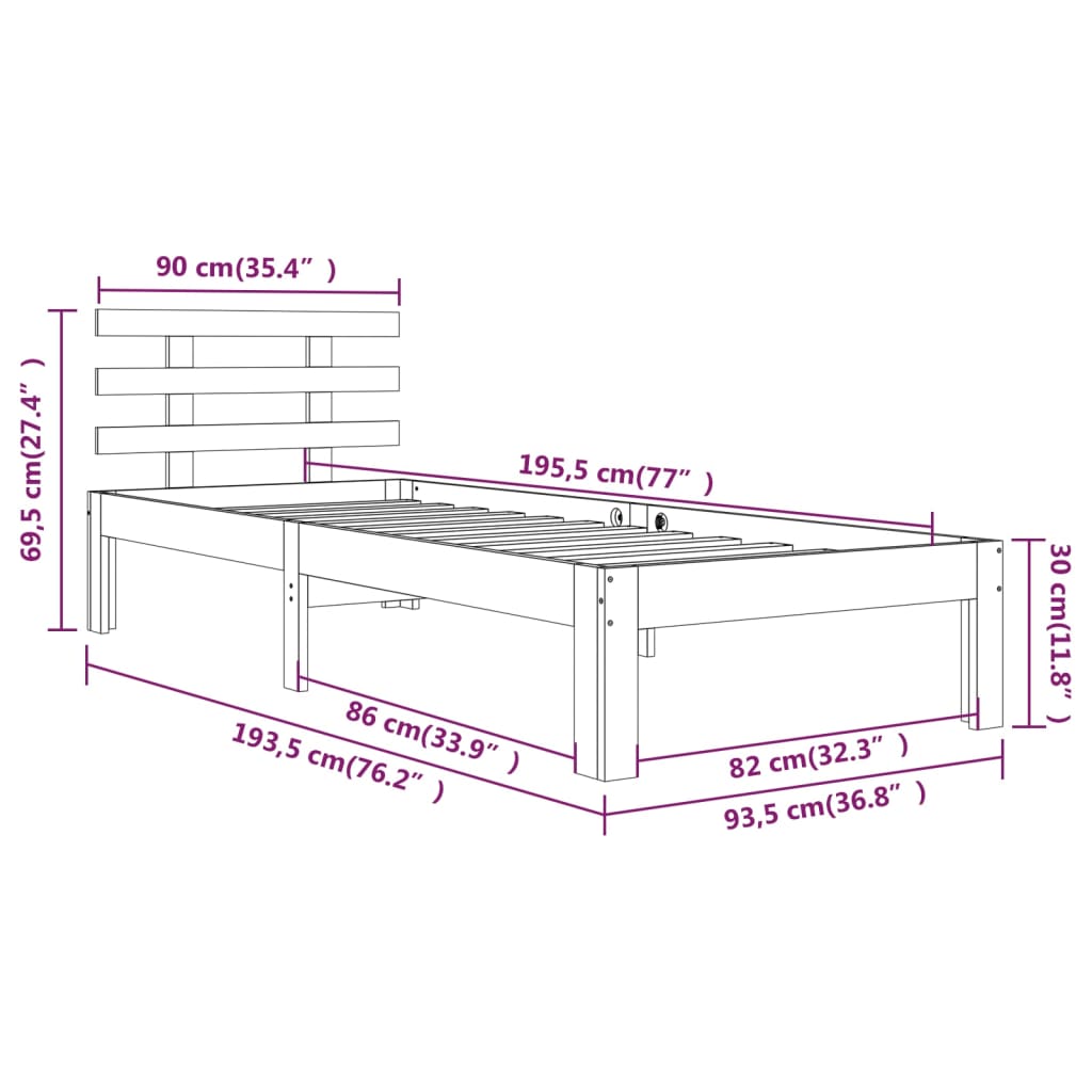 vidaXL Single fekete tömör fa ágykeret 90 x 190 cm