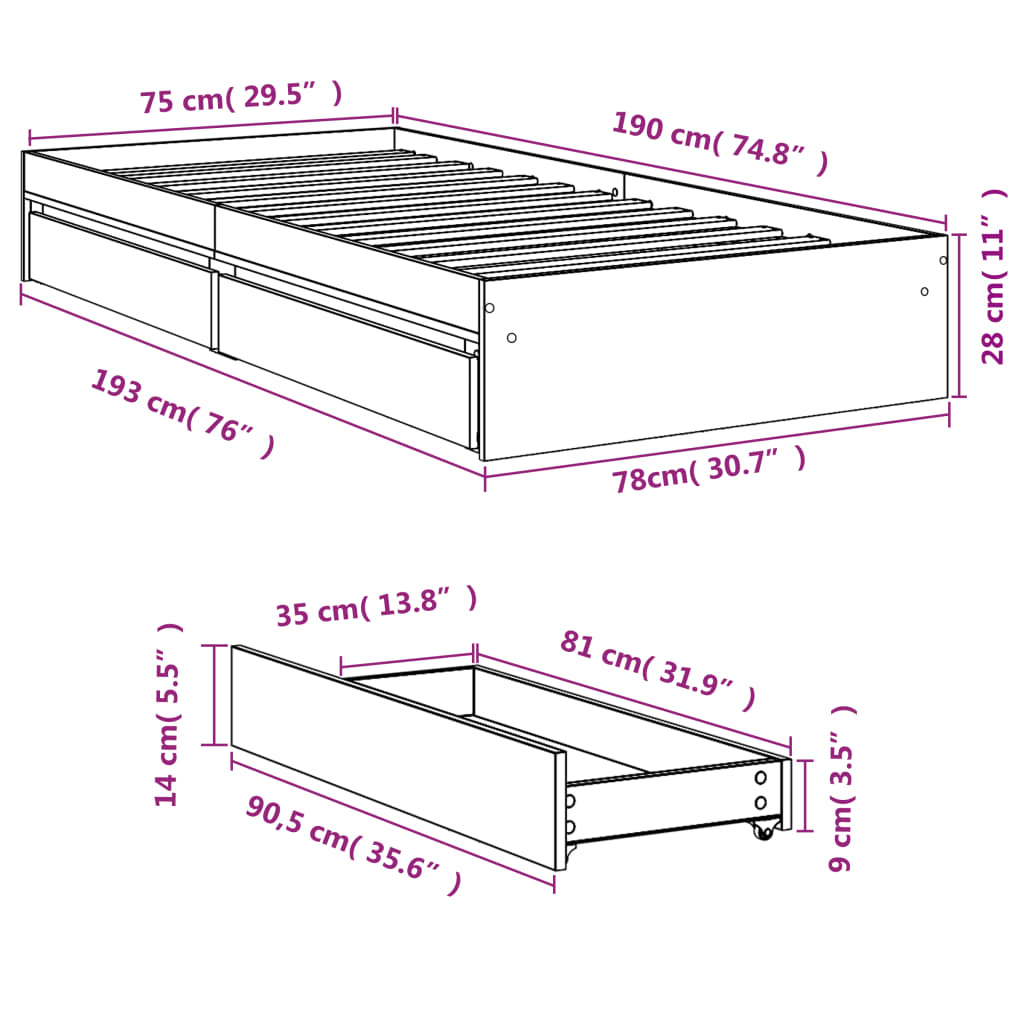 vidaXL sonoma tölgy színű szerelt fa ágykeret fiókokkal 75x 190 cm