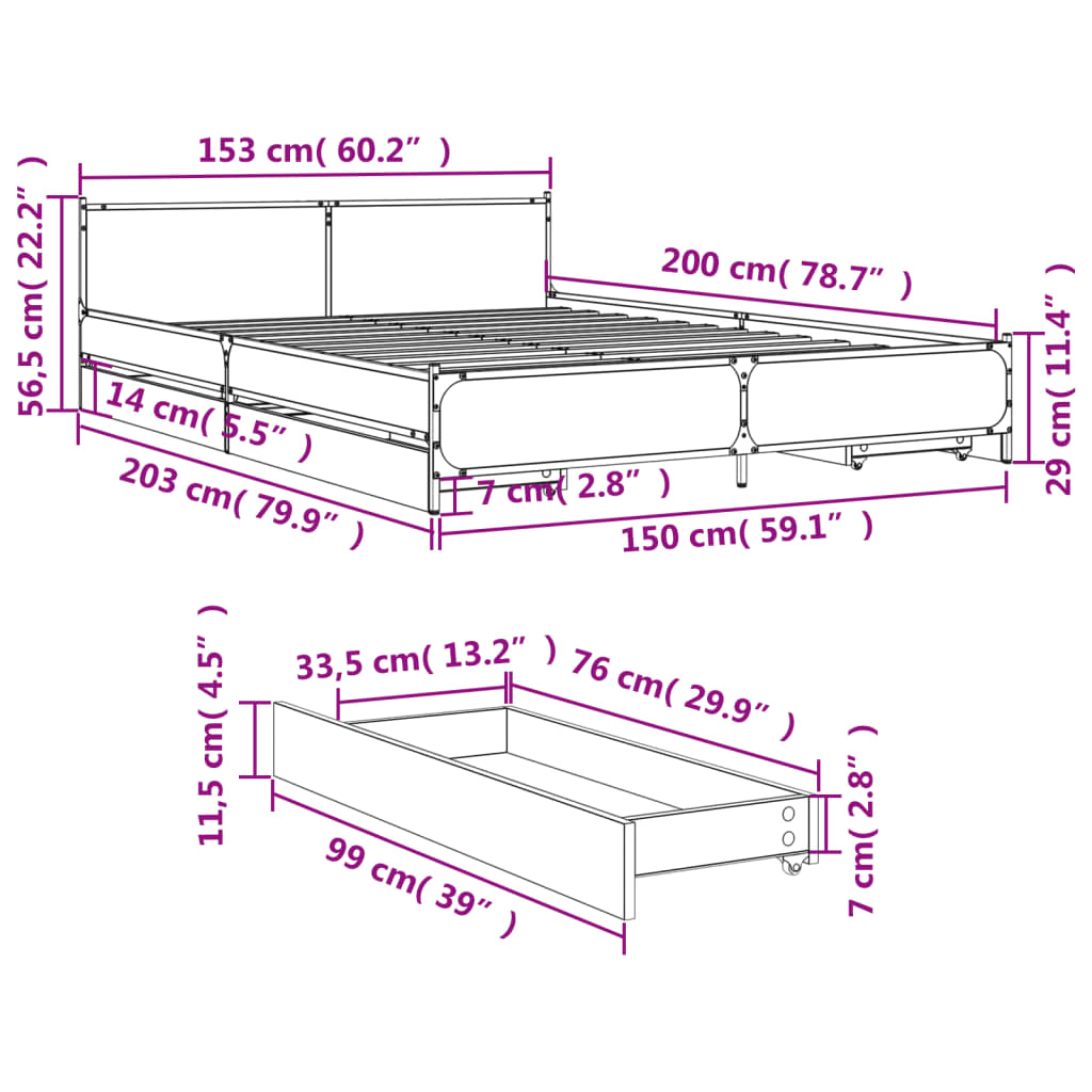 vidaXL fekete szerelt fa ágykeret fiókkal 150 x 200 cm